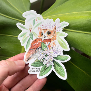 Screech Owl and Rhododendron - Waterproof Sticker