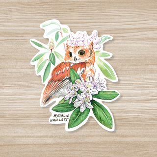 Screech Owl and Rhododendron - Waterproof Sticker